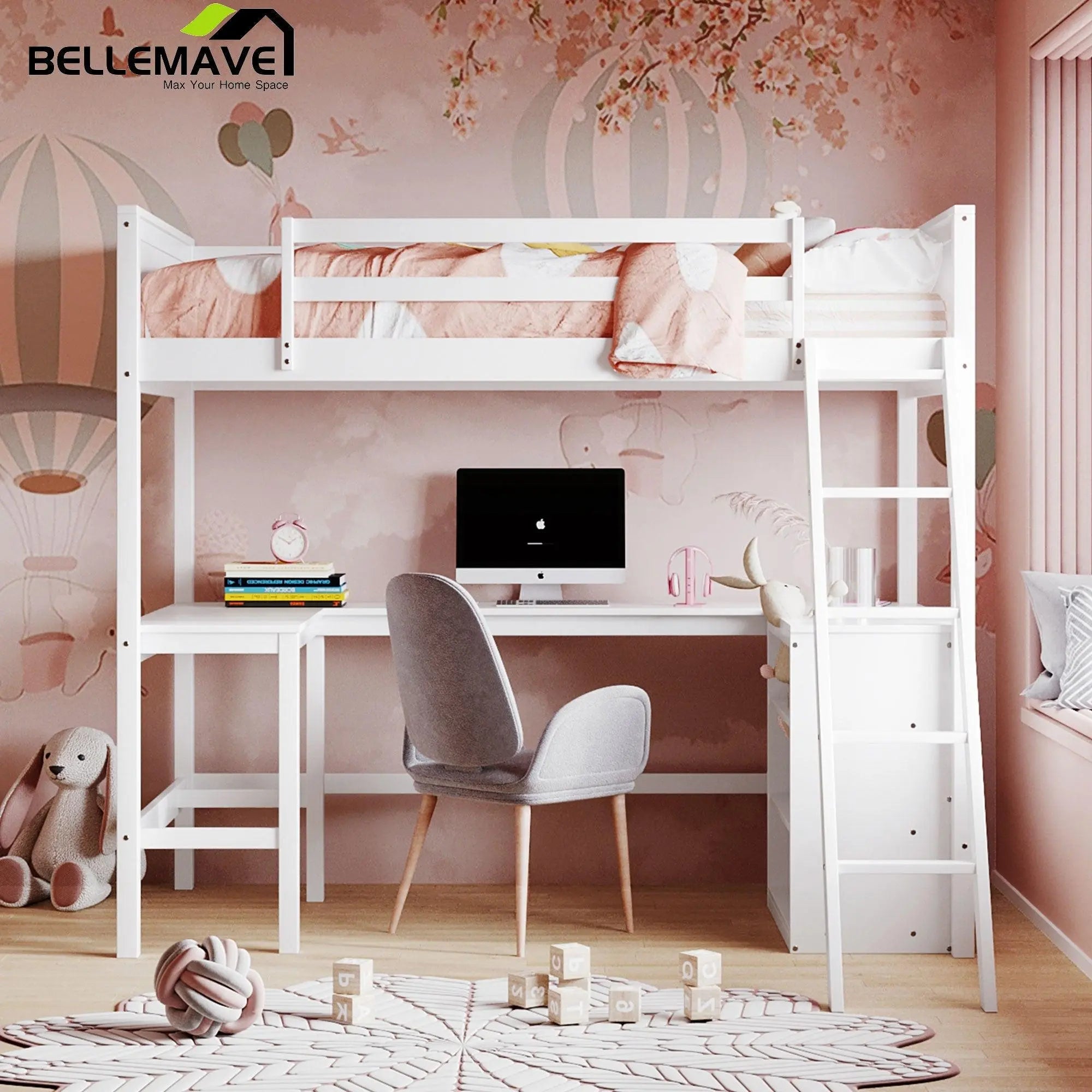 Bellemave® Twin Size Loft Bed with Shelves and Desk - Bellemave