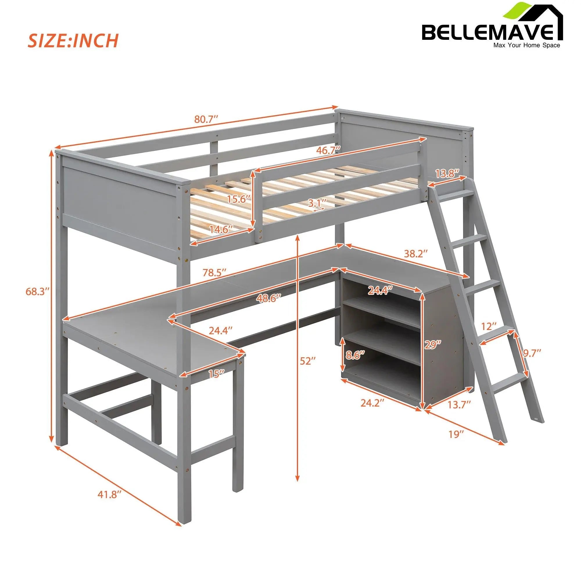 Bellemave® Twin Size Loft Bed with Shelves and Desk - Bellemave