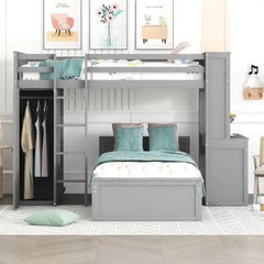 Bellemave® Twin Size Loft Bed with Stand - Alone Bed,Shelves,Deskand Wardrobe - Bellemave