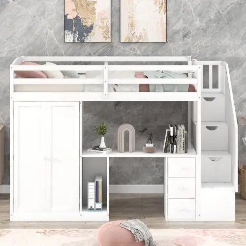 Bellemave Twin Size Loft Bed with Wardrobe and Staircase, Desk and Storage Drawers and Cabinet in 1 - Bellemave