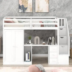 Bellemave Twin Size Loft Bed with Wardrobe and Staircase, Desk and Storage Drawers and Cabinet in 1 - Bellemave