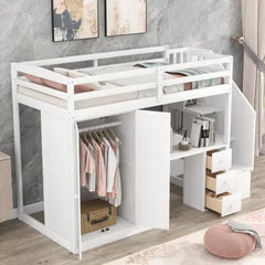 Bellemave Twin Size Loft Bed with Wardrobe and Staircase, Desk and Storage Drawers and Cabinet in 1 - Bellemave