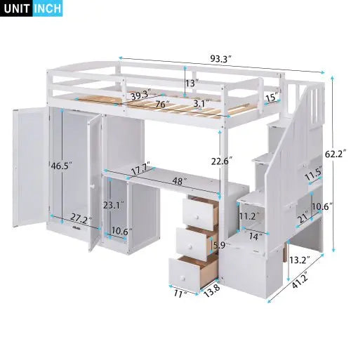 Bellemave Twin Size Loft Bed with Wardrobe and Staircase, Desk and Storage Drawers and Cabinet in 1 - Bellemave