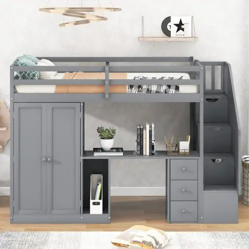 Bellemave Twin Size Loft Bed with Wardrobe and Staircase, Desk and Storage Drawers and Cabinet in 1 - Bellemave