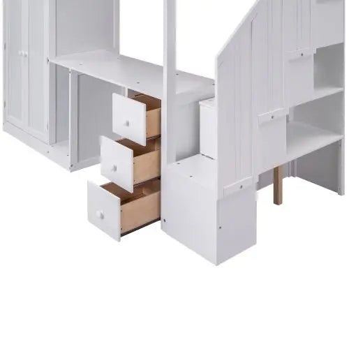 Bellemave Twin Size Loft Bed with Wardrobe and Staircase, Desk and Storage Drawers and Cabinet in 1 - Bellemave