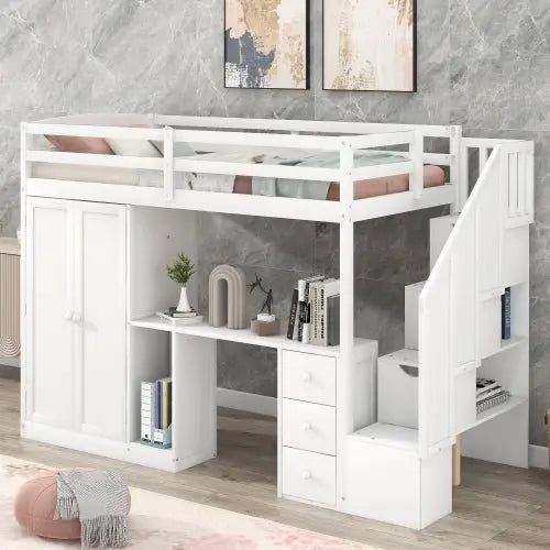 Bellemave Twin Size Loft Bed with Wardrobe and Staircase, Desk and Storage Drawers and Cabinet in 1 - Bellemave