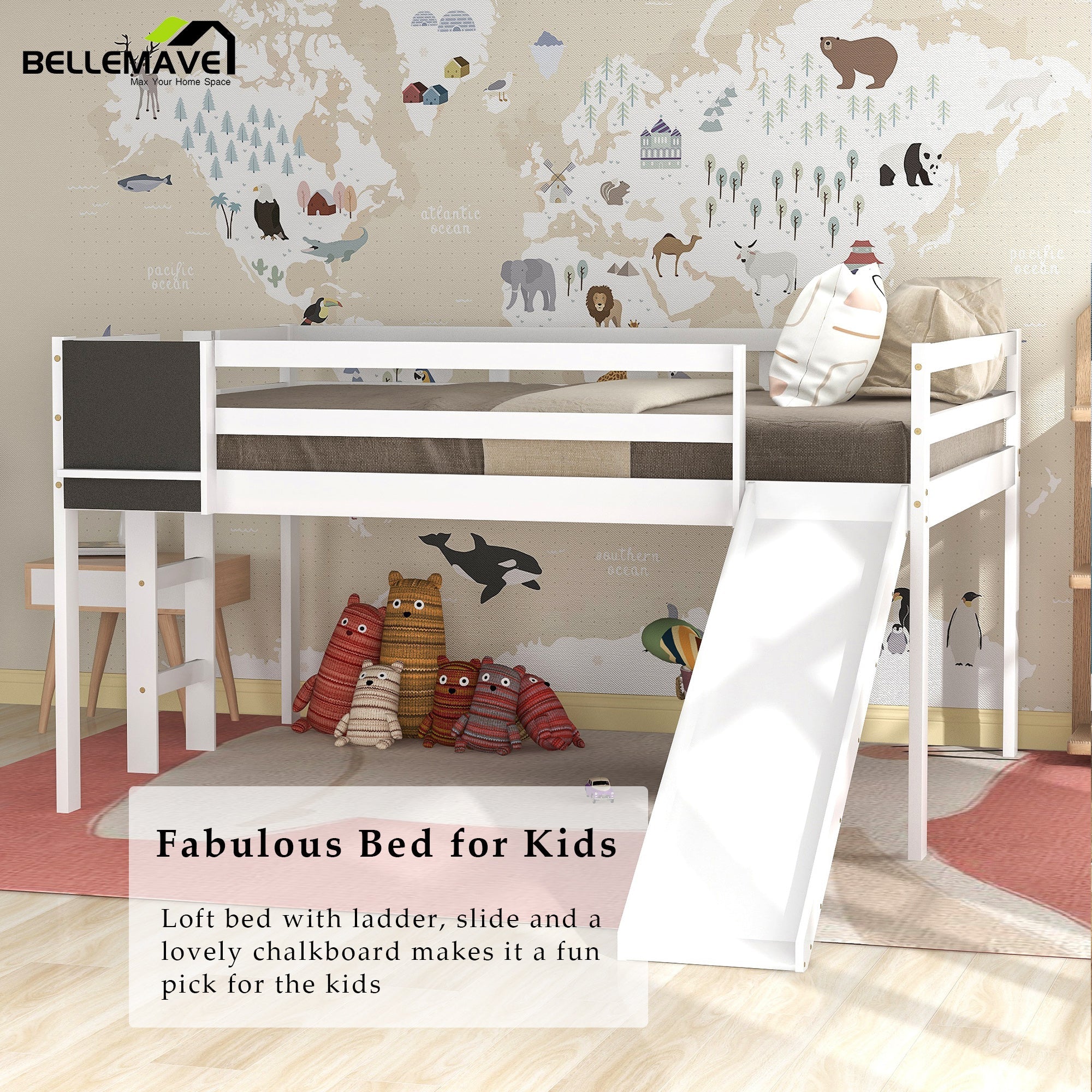 Bellemave Twin size Loft Bed Wood Bed with Slide, Stair and Chalkboard - Bellemave
