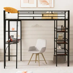 Bellemave Twin Size Loft Metal Bed with 3 Layers of Shelves and Desk - Bellemave