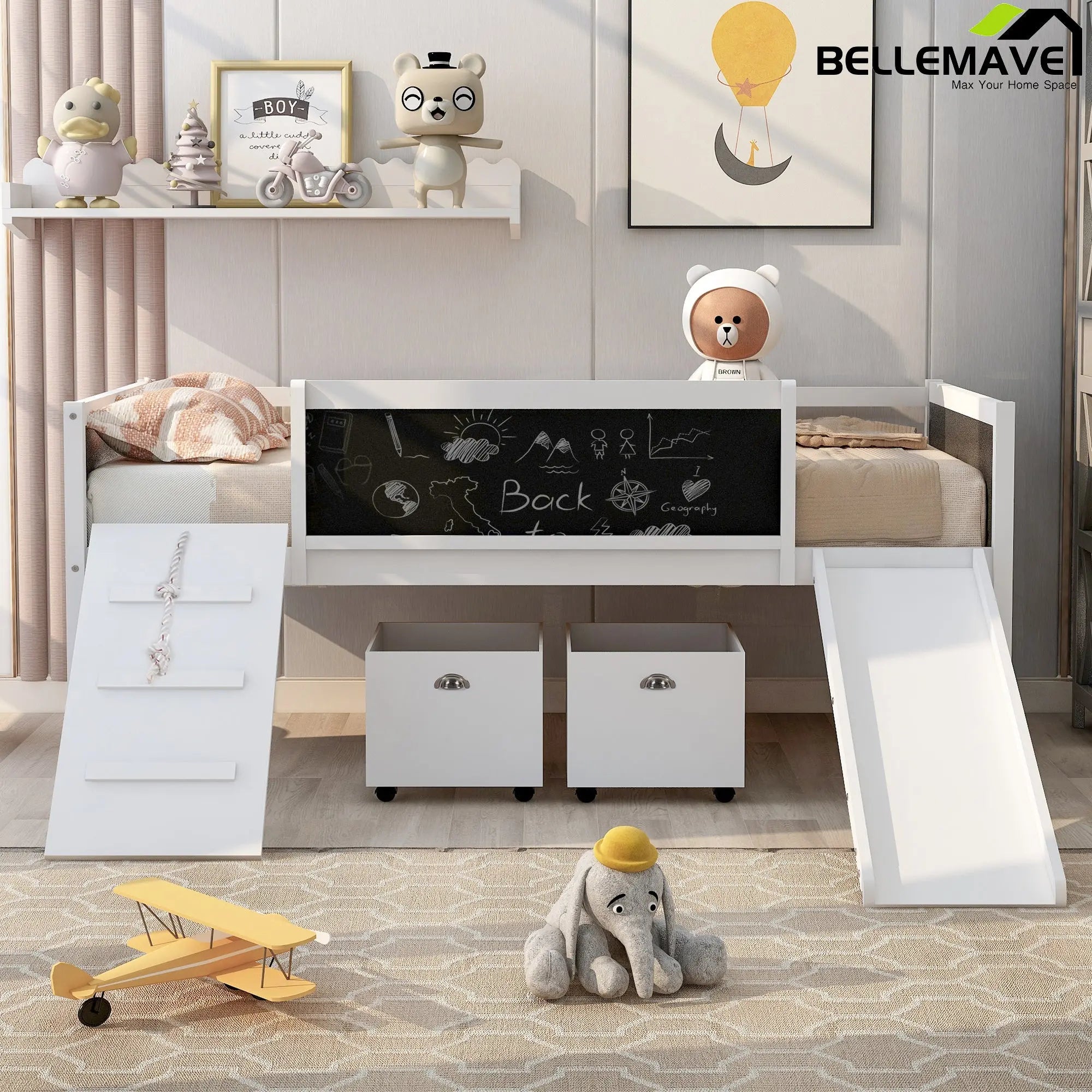Bellemave® Twin Size Low Loft Bed with 2 Storage Boxes - Bellemave