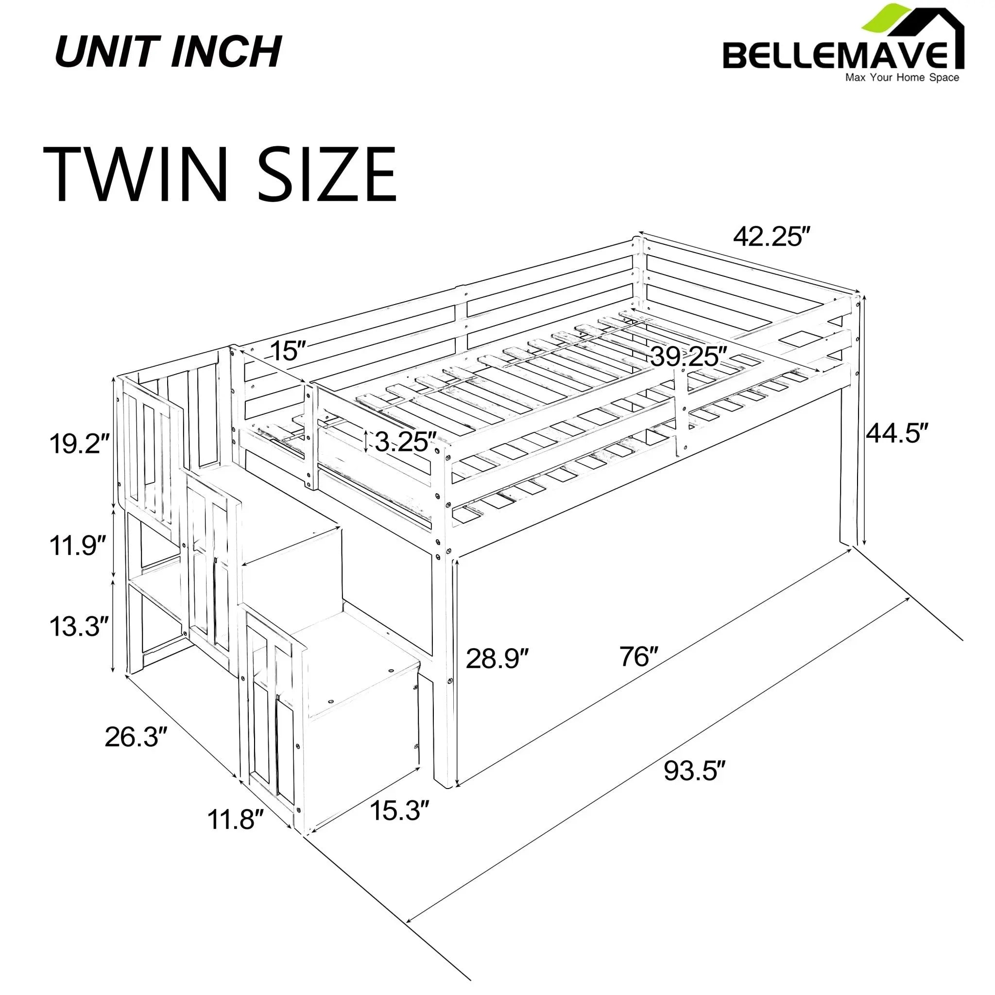 Bellemave® Twin Size Low Loft Bed with Staircase - Bellemave