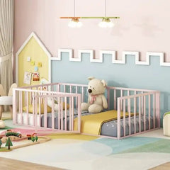 Bellemave® Twin Size Metal Floor Bed with Fence and Door - Bellemave