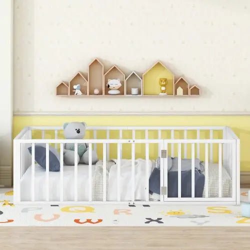 Bellemave® Twin Size Metal Floor Bed with Fence and Door - Bellemave