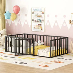 Bellemave® Twin Size Metal Floor Bed with Fence and Door - Bellemave