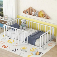Bellemave® Twin Size Metal Floor Bed with Fence and Door - Bellemave