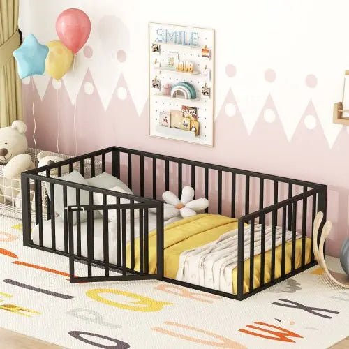 Bellemave® Twin Size Metal Floor Bed with Fence and Door - Bellemave