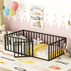 Bellemave® Twin Size Metal Floor Bed with Fence and Door - Bellemave