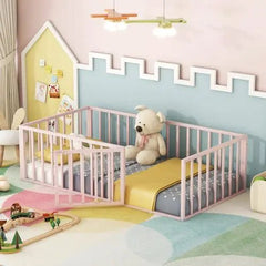 Bellemave® Twin Size Metal Floor Bed with Fence and Door - Bellemave