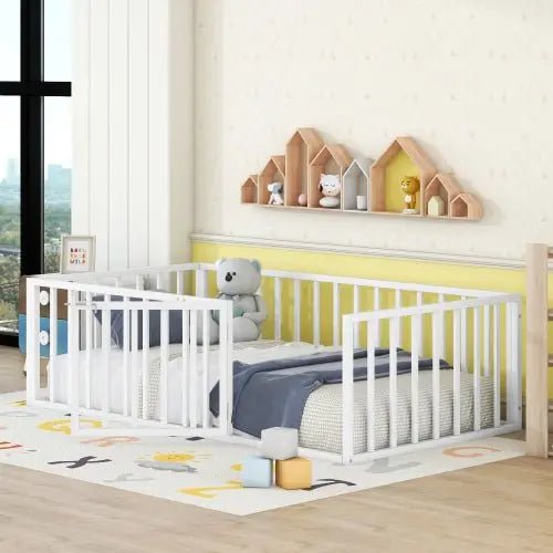 Bellemave® Twin Size Metal Floor Bed with Fence and Door - Bellemave