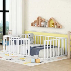 Bellemave® Twin Size Metal Floor Bed with Fence and Door - Bellemave