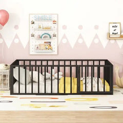 Bellemave® Twin Size Metal Floor Bed with Fence and Door - Bellemave
