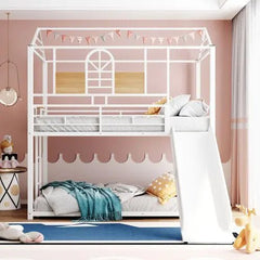 Bellemave® Twin Size Metal House Bunk Bed with Slide and Ladder - Bellemave