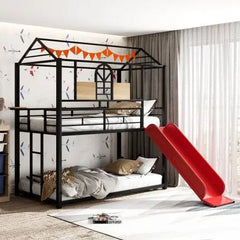 Bellemave® Twin Size Metal House Bunk Bed with Slide and Ladder - Bellemave