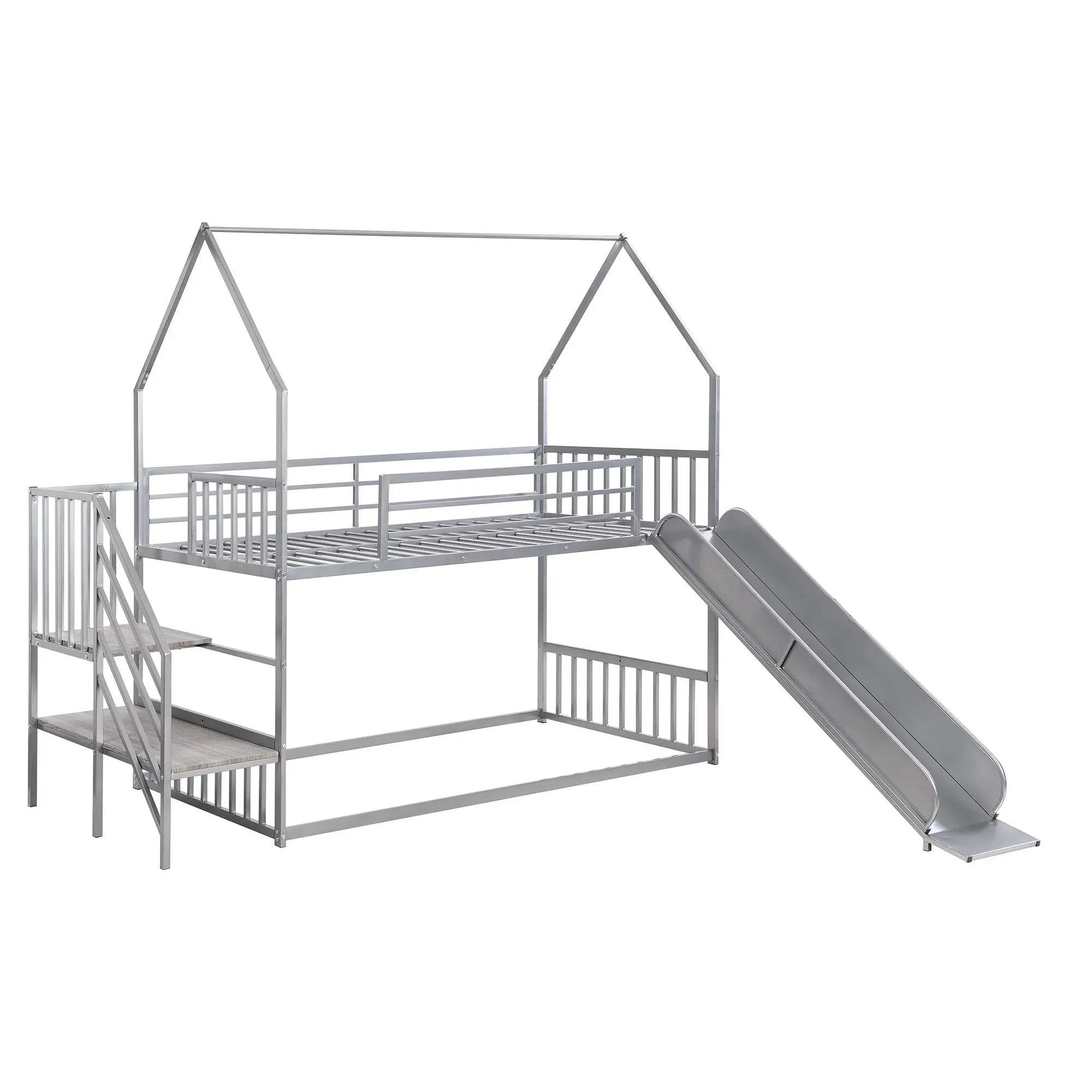 Bellemave® Twin Size Metal House Bunk Bed with Slide and Staircase - Bellemave