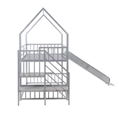 Bellemave® Twin Size Metal House Bunk Bed with Slide and Staircase - Bellemave