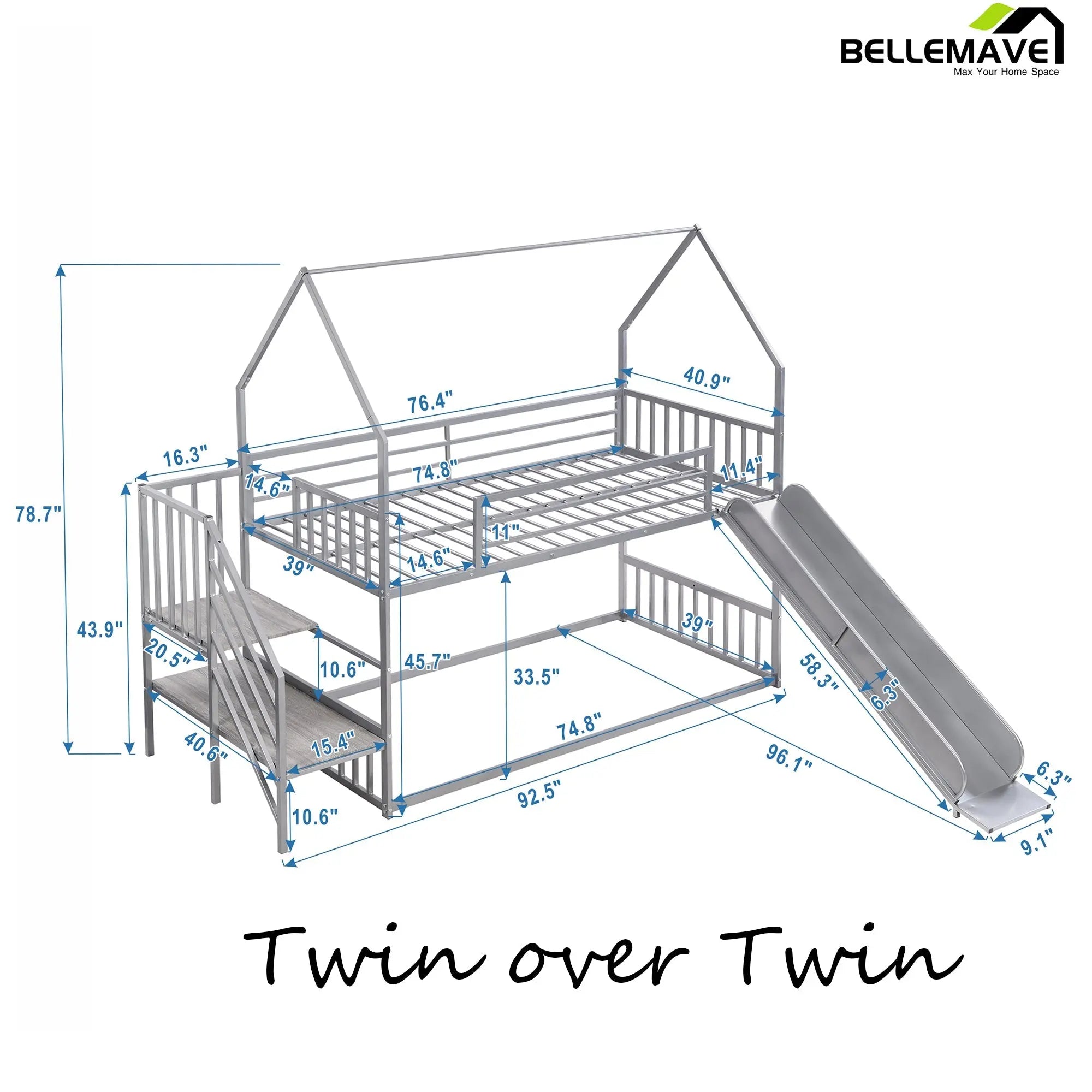 Bellemave® Twin Size Metal House Bunk Bed with Slide and Staircase - Bellemave