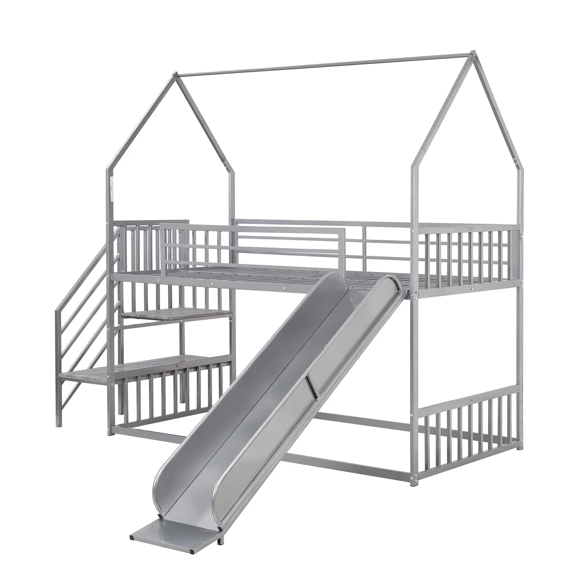 Bellemave® Twin Size Metal House Bunk Bed with Slide and Staircase - Bellemave