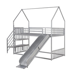 Bellemave® Twin Size Metal House Bunk Bed with Slide and Staircase - Bellemave