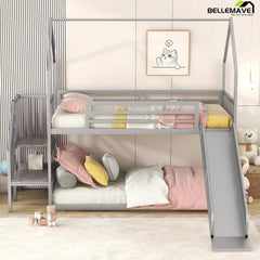Bellemave® Twin Size Metal House Bunk Bed with Slide and Staircase - Bellemave