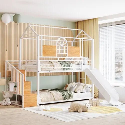Bellemave® Twin Size Metal House Bunk Bed with Slide and Storage Stair - Bellemave