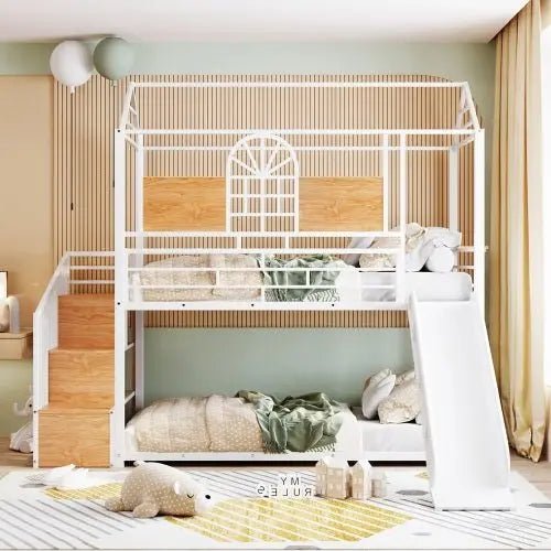 Bellemave® Twin Size Metal House Bunk Bed with Slide and Storage Stair - Bellemave
