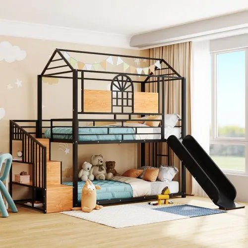 Bellemave® Twin Size Metal House Bunk Bed with Slide and Storage Stair - Bellemave
