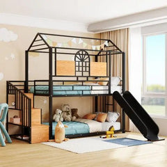 Bellemave® Twin Size Metal House Bunk Bed with Slide and Storage Stair - Bellemave