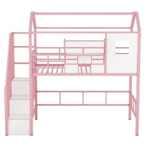 Bellemave® Twin Size Metal House Loft Bed with Roof Design and A Storage Box - Bellemave