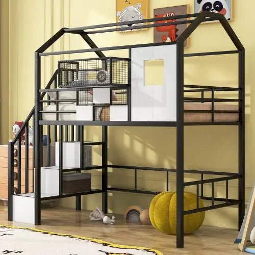 Bellemave® Twin Size Metal House Loft Bed with Roof Design and A Storage Box - Bellemave