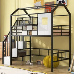 Bellemave® Twin Size Metal House Loft Bed with Roof Design and A Storage Box - Bellemave