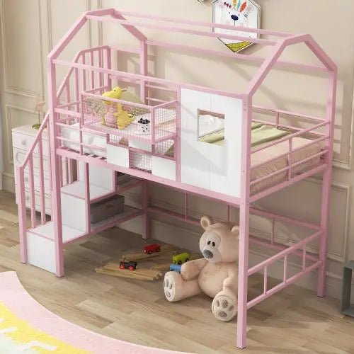 Bellemave® Twin Size Metal House Loft Bed with Roof Design and A Storage Box - Bellemave