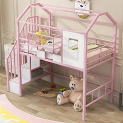 Bellemave® Twin Size Metal House Loft Bed with Roof Design and A Storage Box - Bellemave