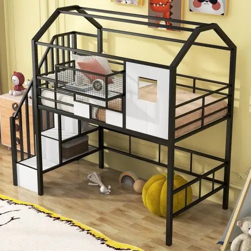 Bellemave® Twin Size Metal House Loft Bed with Roof Design and A Storage Box - Bellemave