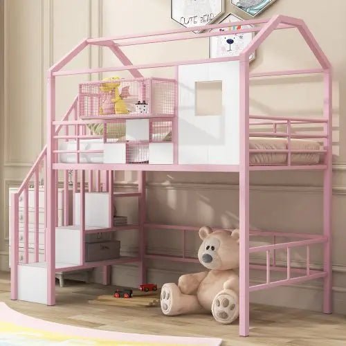 Bellemave® Twin Size Metal House Loft Bed with Roof Design and A Storage Box - Bellemave