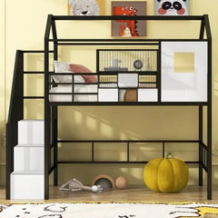 Bellemave® Twin Size Metal House Loft Bed with Roof Design and A Storage Box - Bellemave