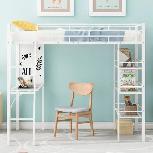 Bellemave® Twin Size Metal Loft Bed with 3 Layers of Shelves and Desk - Bellemave