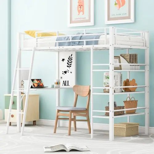 Bellemave® Twin Size Metal Loft Bed with 3 Layers of Shelves and Desk - Bellemave