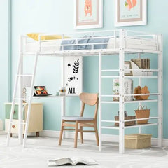 Bellemave® Twin Size Metal Loft Bed with 3 Layers of Shelves and Desk - Bellemave
