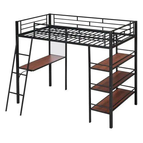Bellemave® Twin Size Metal Loft Bed with 3 Layers of Shelves and Desk - Bellemave