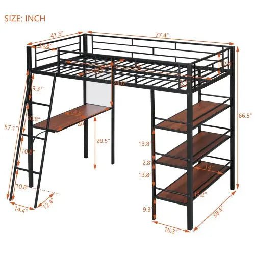 Bellemave® Twin Size Metal Loft Bed with 3 Layers of Shelves and Desk - Bellemave