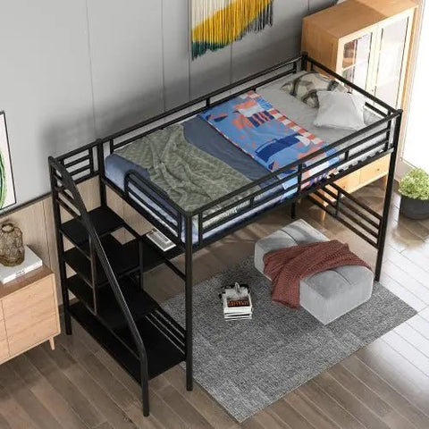 Bellemave® Twin Size Metal Loft Bed with Desk and Stairs